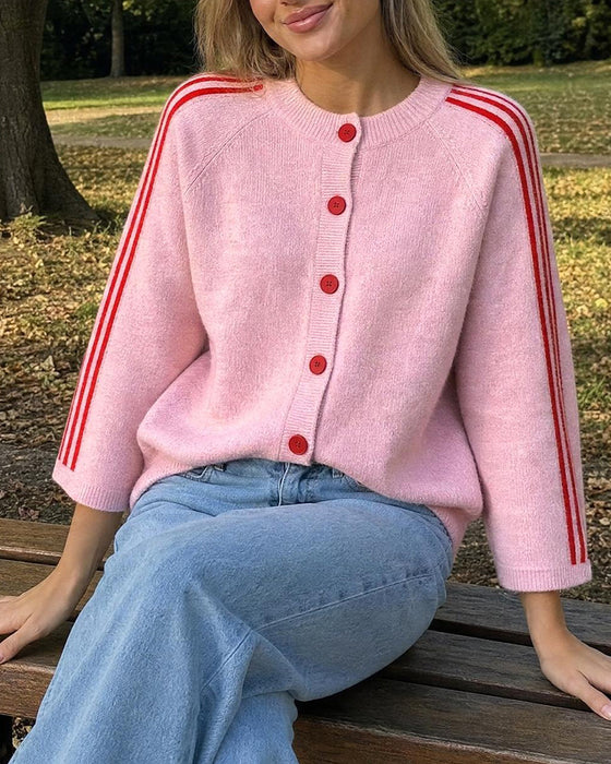 Cardigan Stripet 3/4 Erme Knapp