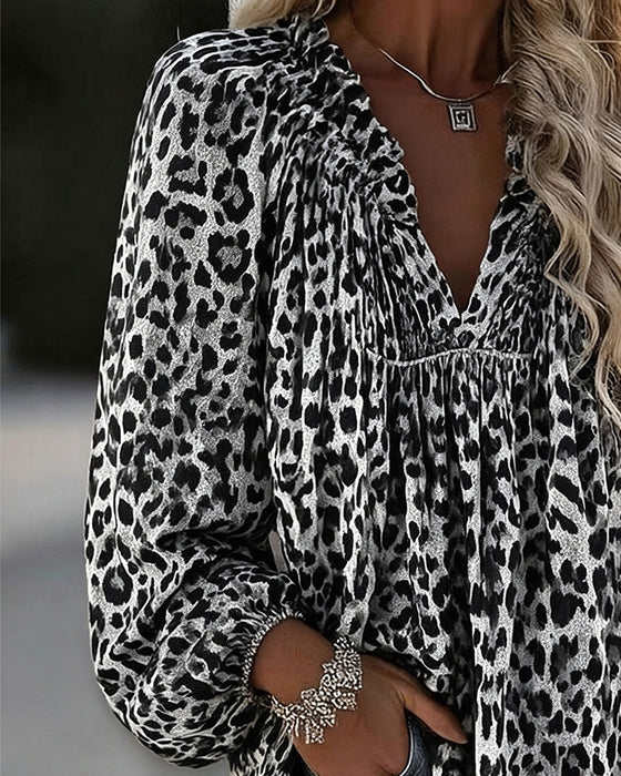 Bluse V-Hals Leopard Trykk Rynket Pufferme