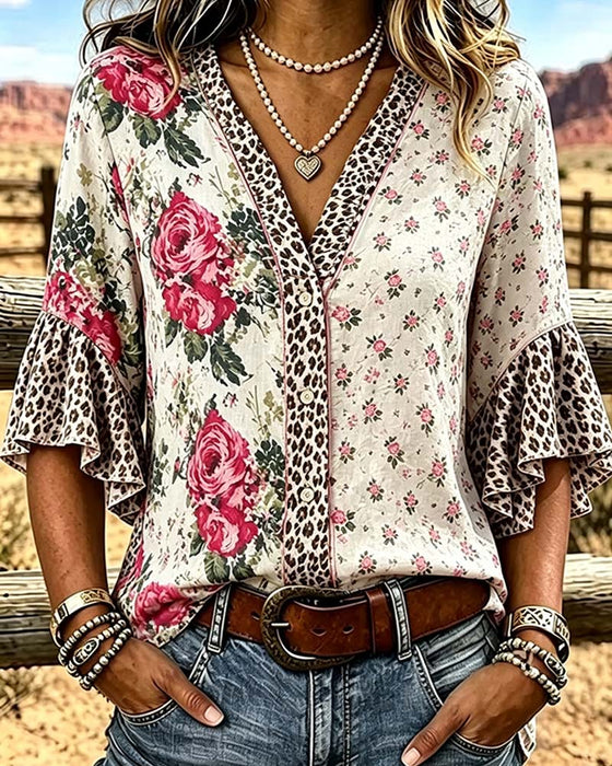 Bluse V-Hals Leopardmønster Blomstret Patchwork Rysjer