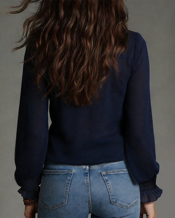 Bluse Halvglidelås Krage Rysjet Ensfarget