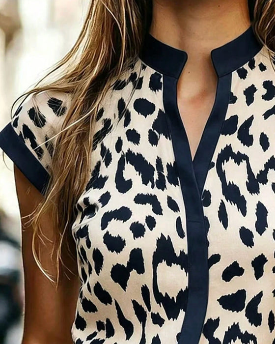 Bluse Ståkrage Leopard Kort Erme