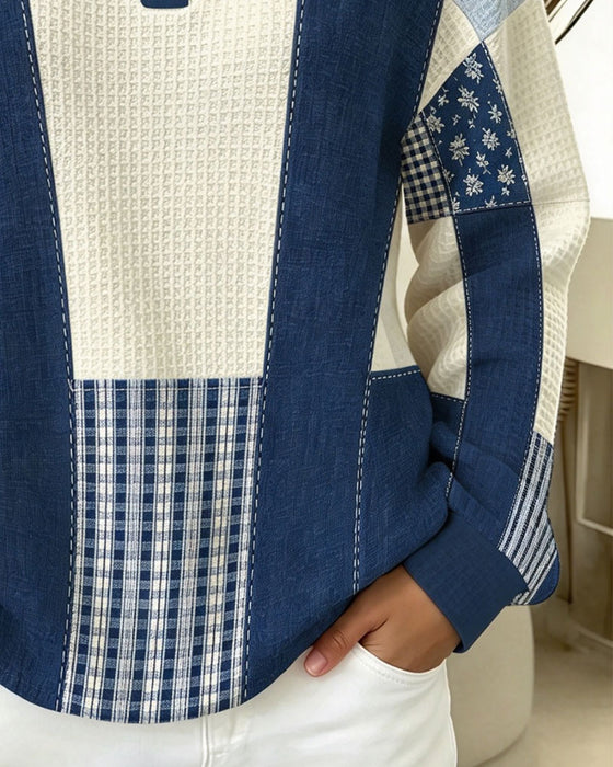 Sweatshirt Rund Hals Knapp Blomstret Plaid