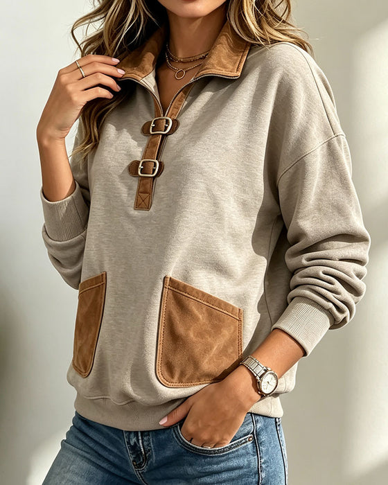 Sweatshirt Semsket Skinn Lappverk Lomme