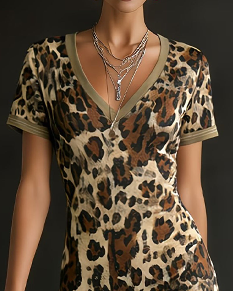 Kjole Leopard Trykk Patchwork V-Hals Tettsittende