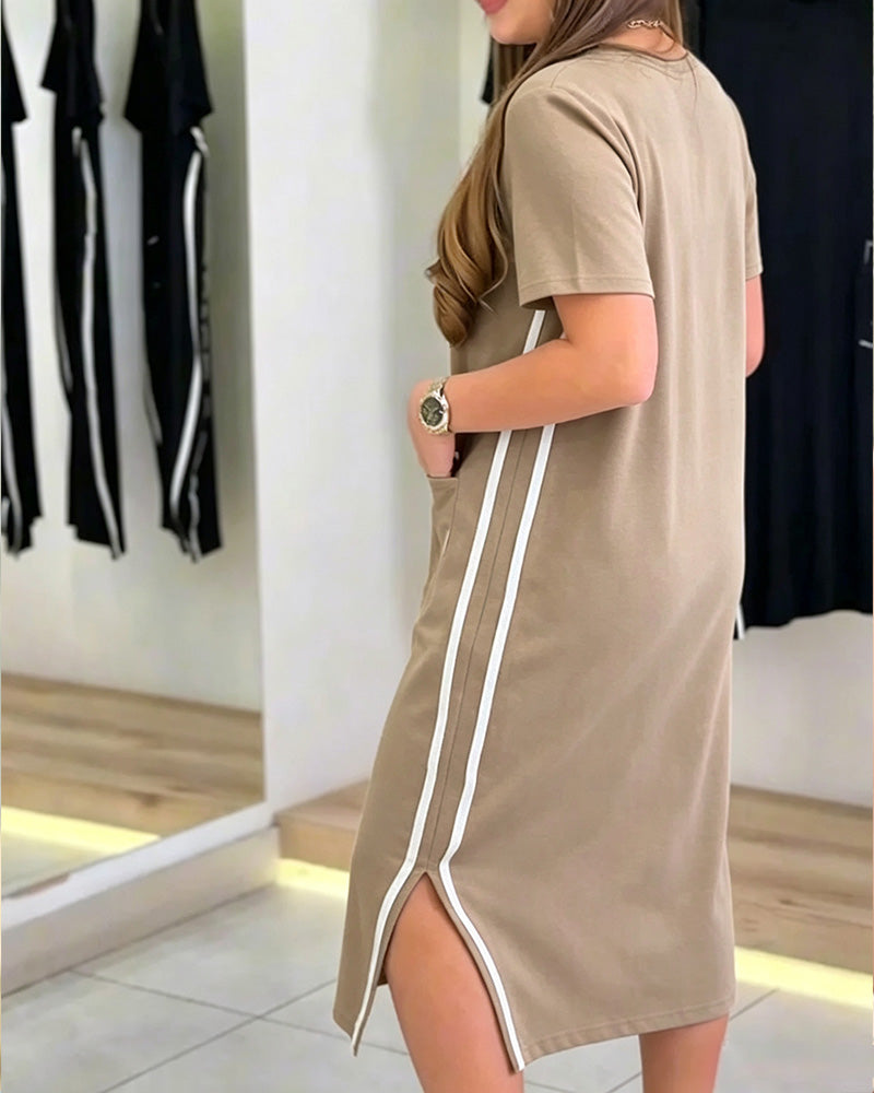 Kjole Side Hvit Stripe Lomme Rett