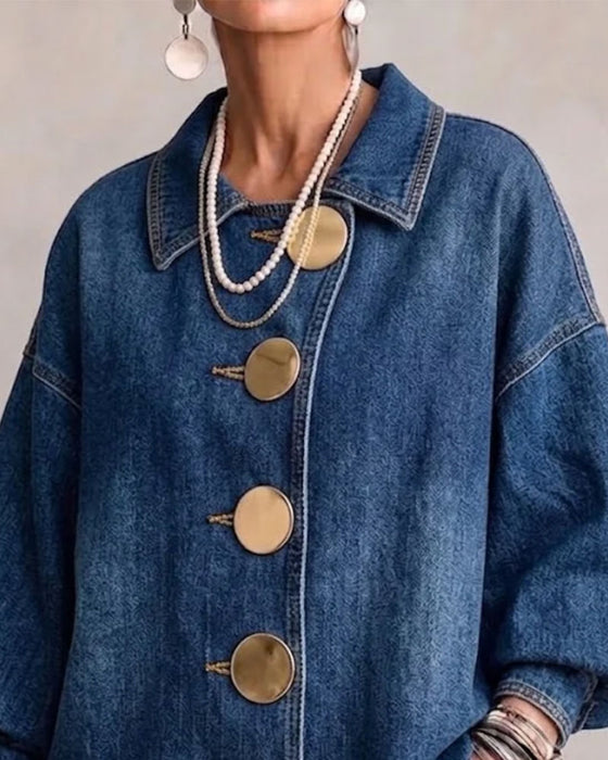 Frakk Rull Knappet Puff Erme Denim