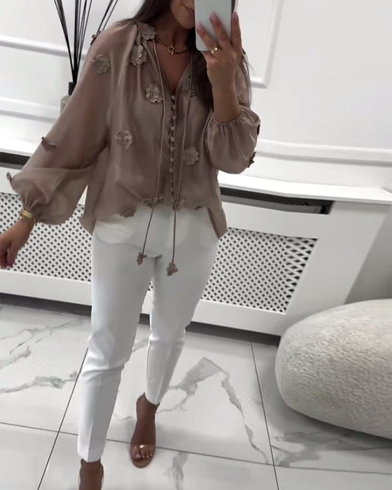 Bluse Ensfarget 3D-Blomster Snøring