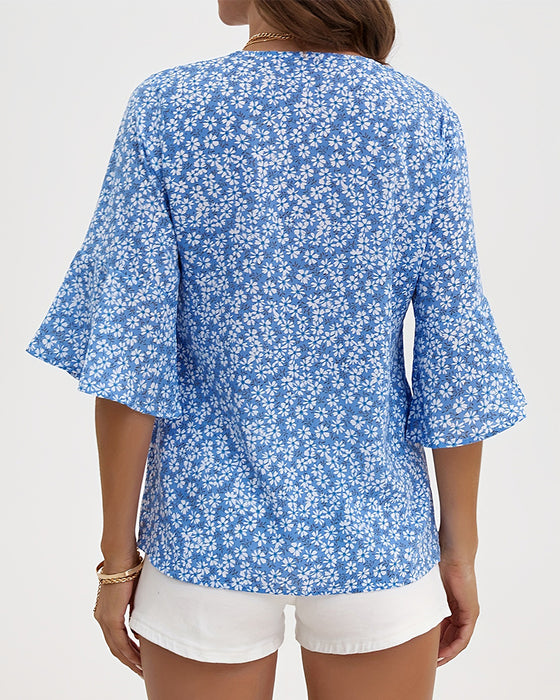 Bluse V-Hals Floral Sommerfugl Erme