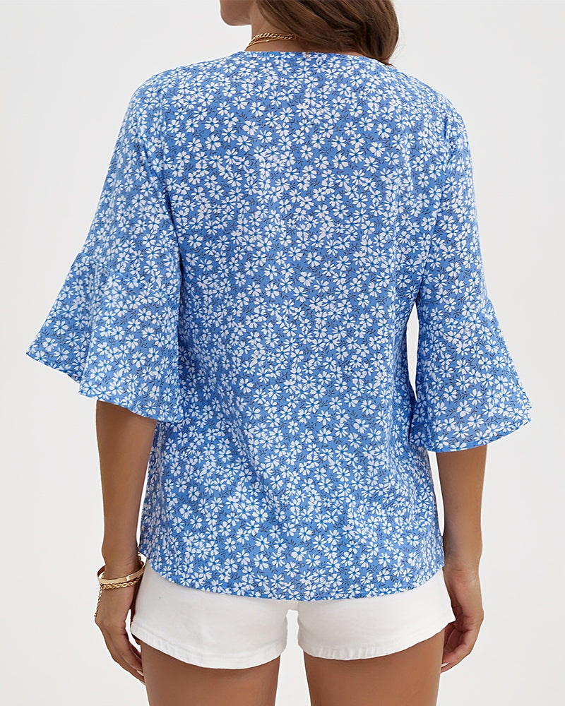 Bluse V-Hals Floral Sommerfugl Erme
