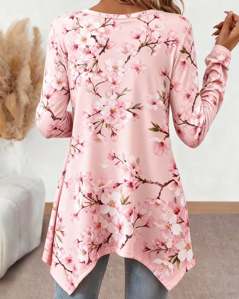 Bluse Rundhalset Blomstret Lang Erme