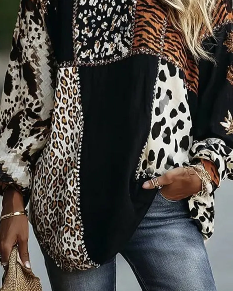Bluse Rund Hals Leopard Tiger Trykk Kontrast
