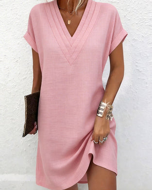 Kjole V-hals Kortermet Bomull Og Lin Rett