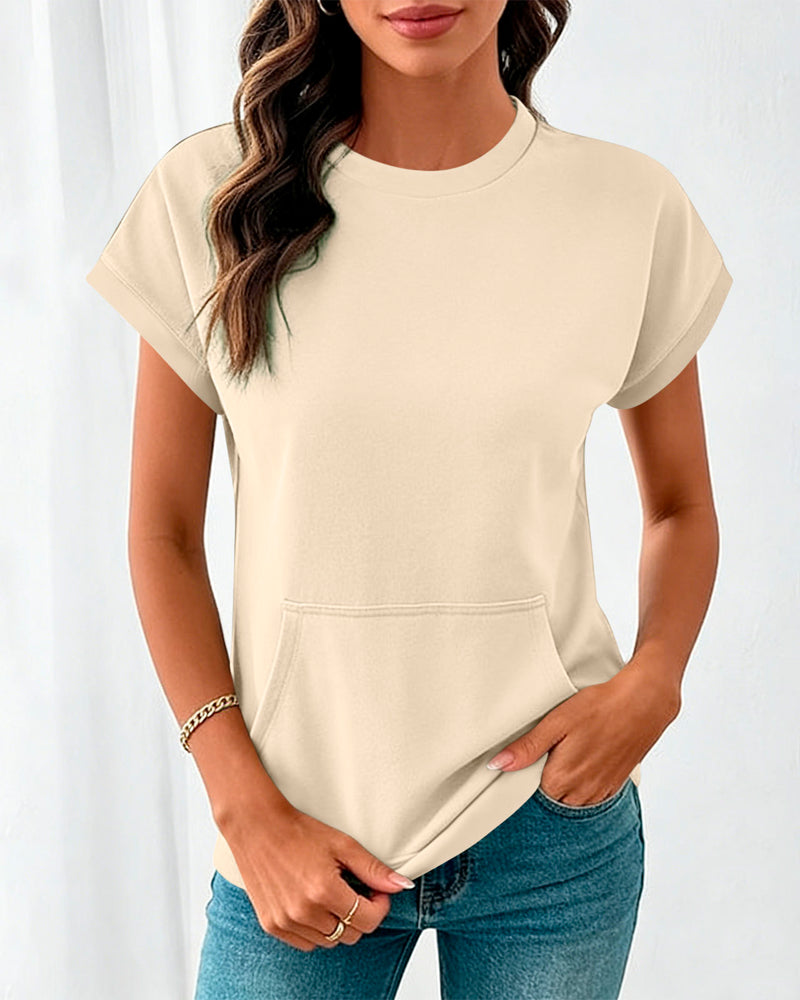 Bluse Forlomme Ensfarget Rund Hals