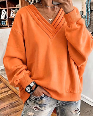 Sweatshirt Dobbel Lag V-Hals Drop Skulder Løs