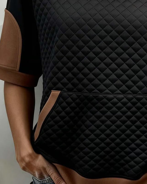 Bluse Rund Hals Lappeteppe Diamant Mønster