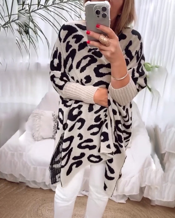 Uformell langermet cardigan med leopardmønster