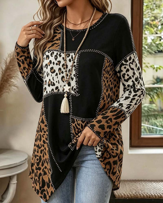 Bluse Leopard Trykk Patchwork Uregelmessig