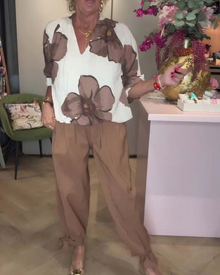 Bluse V-Hals Blomstret Halvlang Erme Avslappet