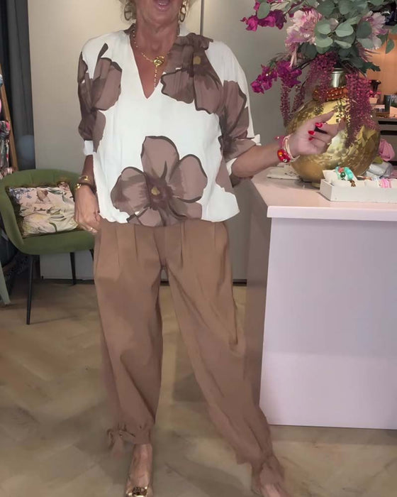 Bluse V-Hals Blomstret Halvlang Erme Avslappet