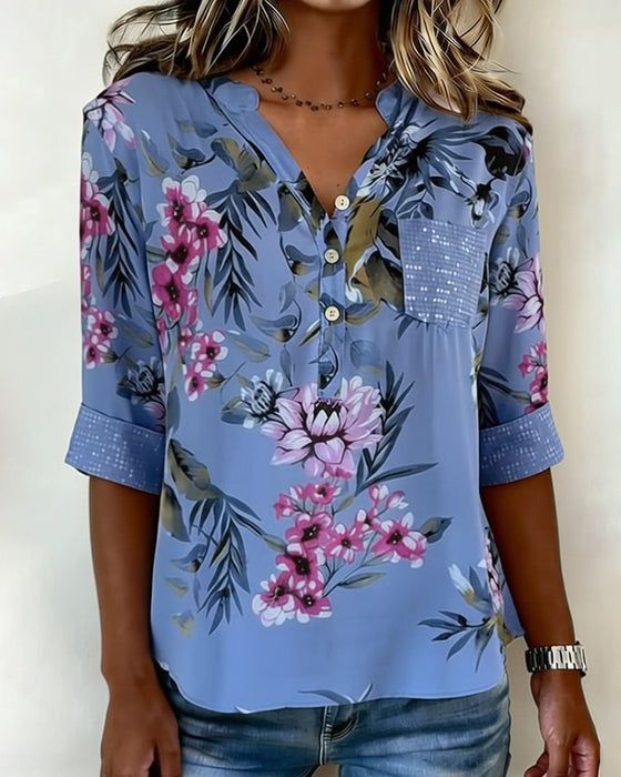 Bluse V-Hals Paljettblomstret