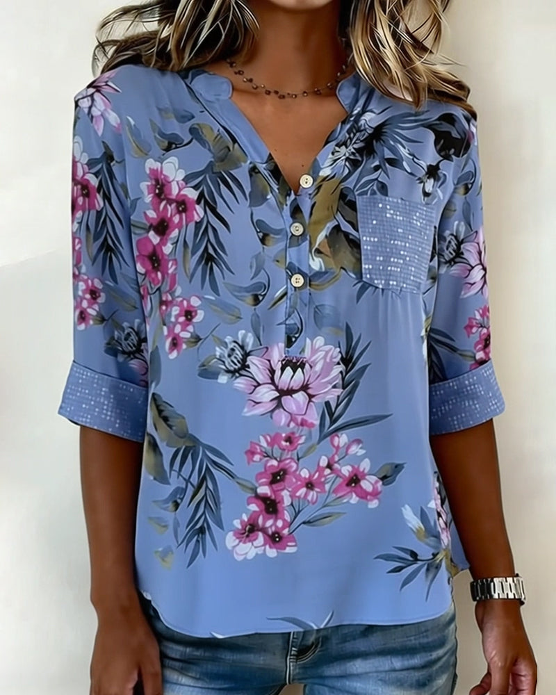 Bluse V-Hals Paljettblomstret