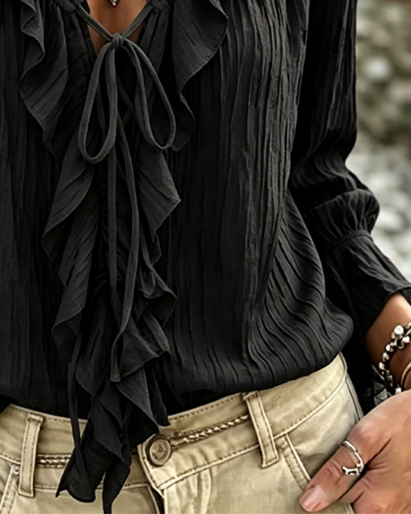 Bluse Ruffle Trim Knyting Lang Erme