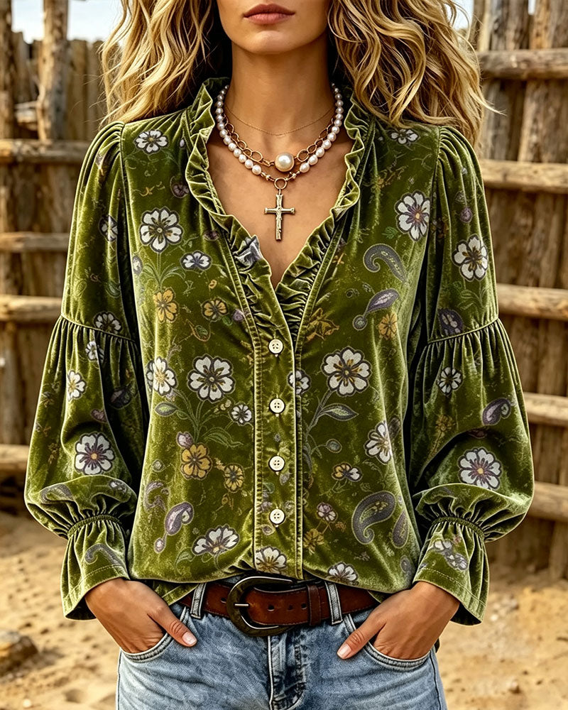 Bluse V-Hals Knapp Volang Blomstret