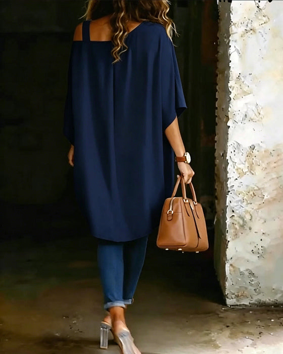 Bluse Asymmetrisk Cold Shoulder Ensfarget Avslappet