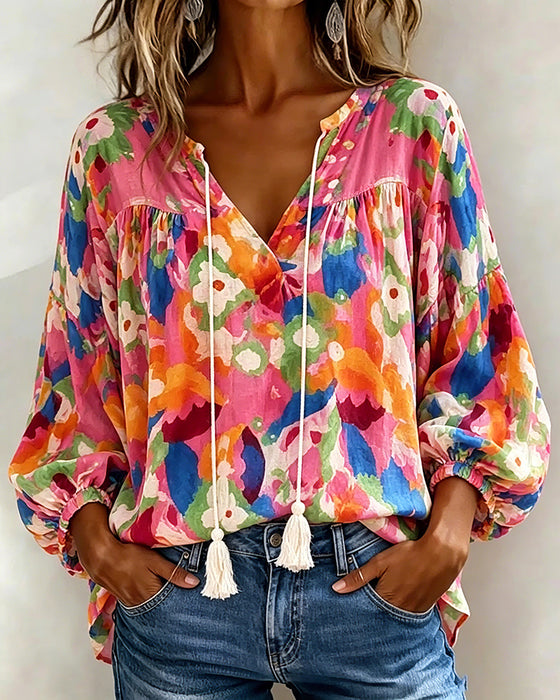 Bluse Fargerik Trykt Lykteerm Frynser