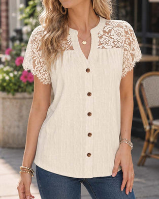 Bluse V-Hals Knapp Blonde Panel