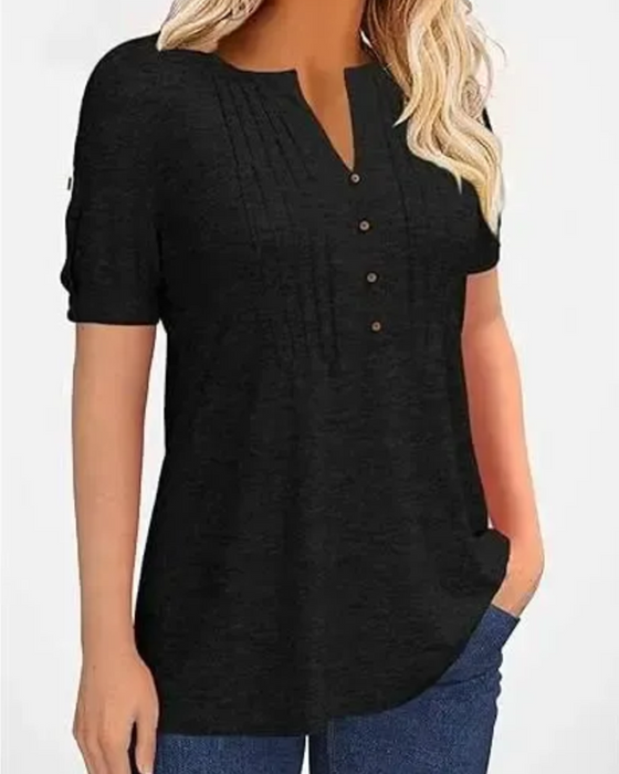 T-Shirt Plissert Henley Kort Erme