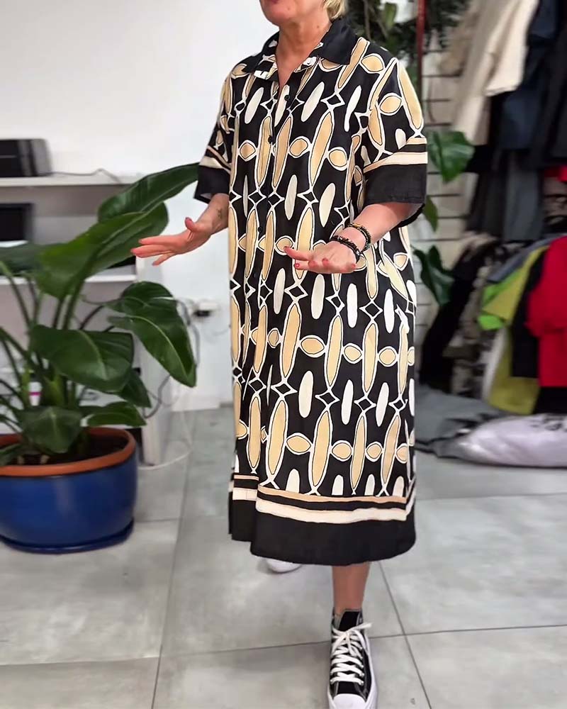 Kjole Krage Trykt Kort Erme Løs