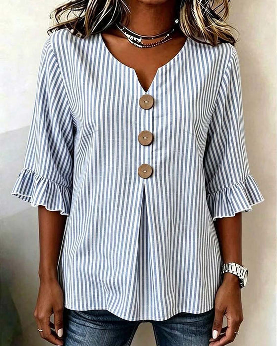 Bluse Mini V-Hals Ruffle Stripe Knapp