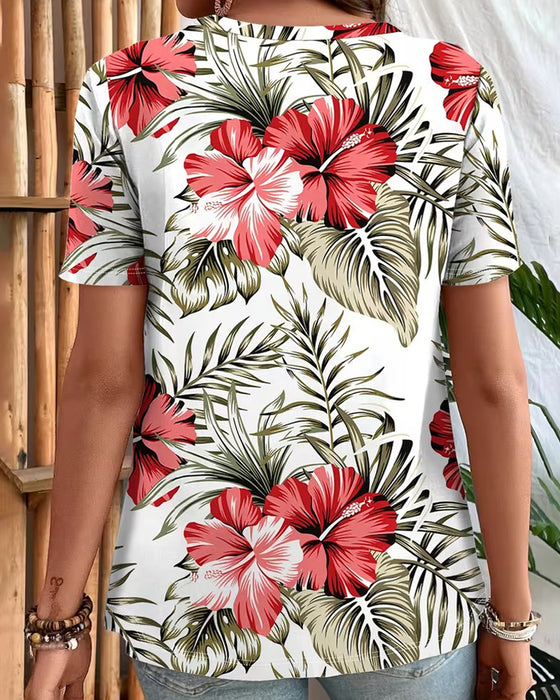 T-Shirt V-Hals Bladtrykk Kortermet