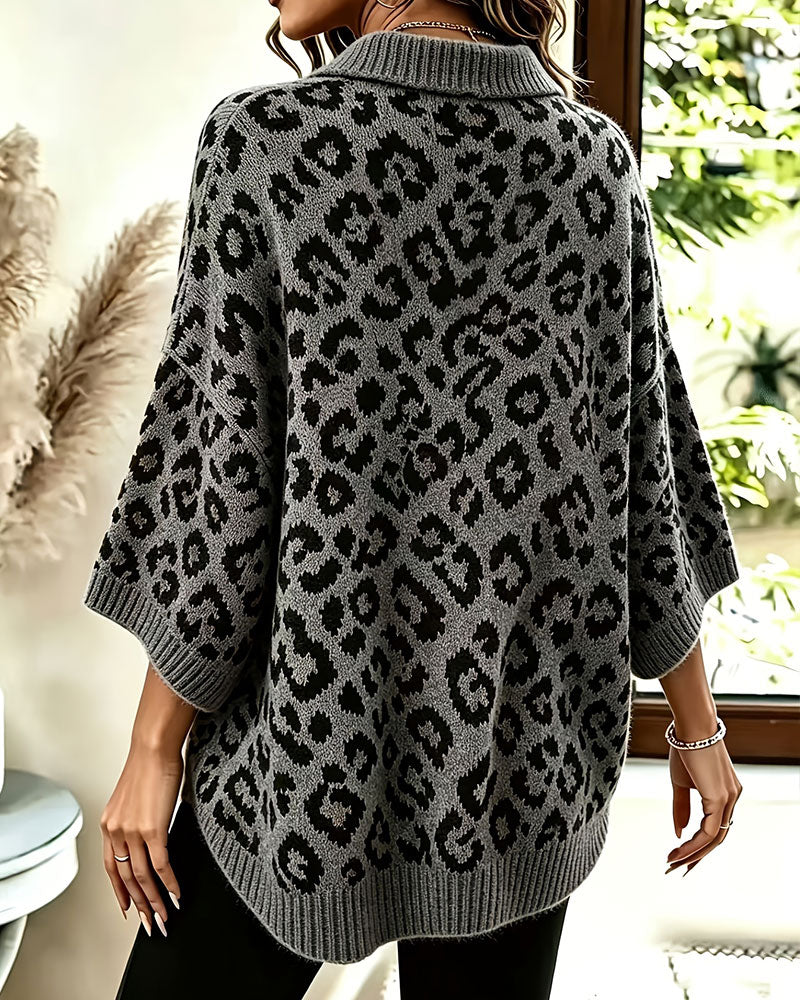 Pullover Krage V-Hals Leopardmønster Halvarm Genser