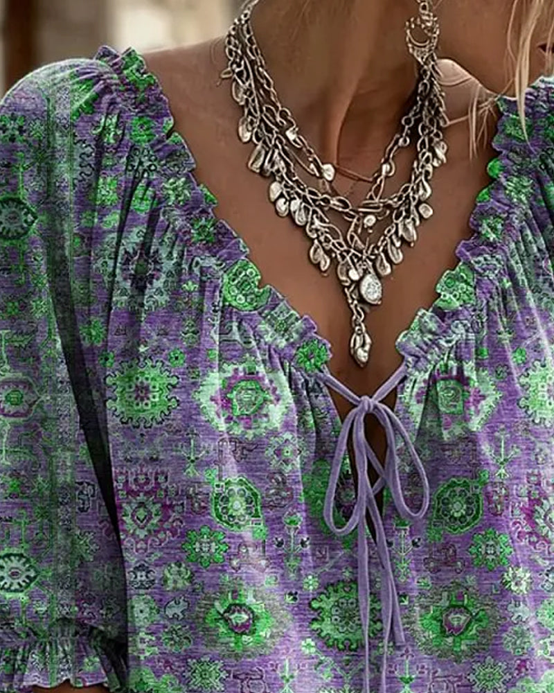 Bluse V-Hals Knyting Vintage Trykk