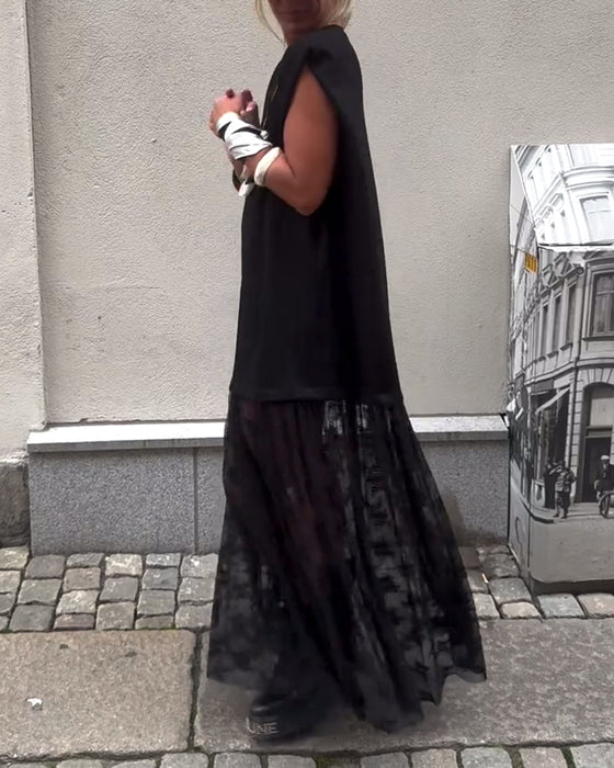 Ermeløs Mesh Patchwork Kjole