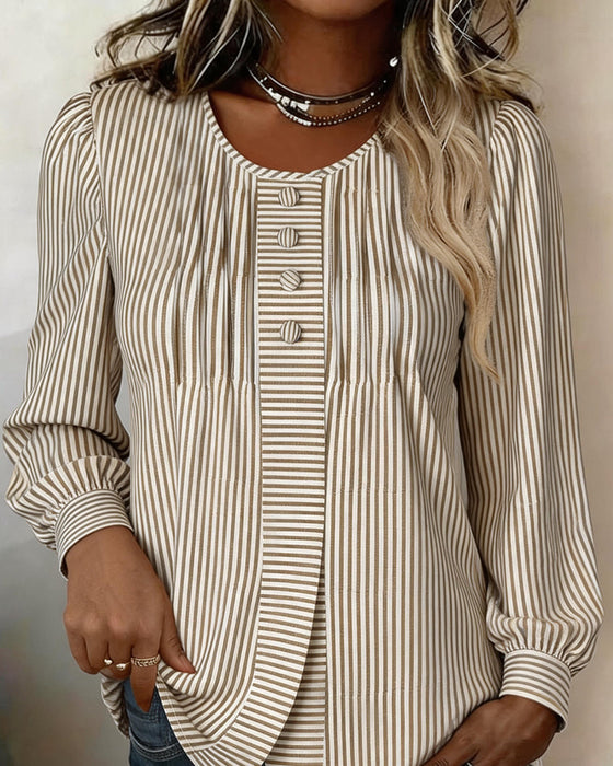 Bluse Rund Hals Knapp Foran Stripe Puffererme