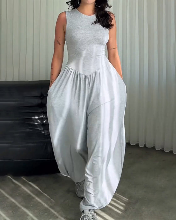 Jumpsuit Rund Hals Ermeløs Slim Fit Vide Bein