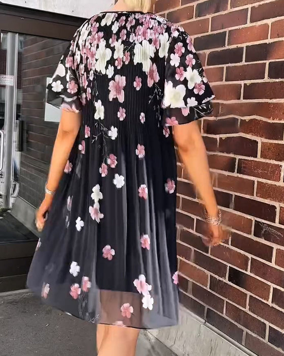 Kjole Ruffle Kortermet Blomstrende Plissert