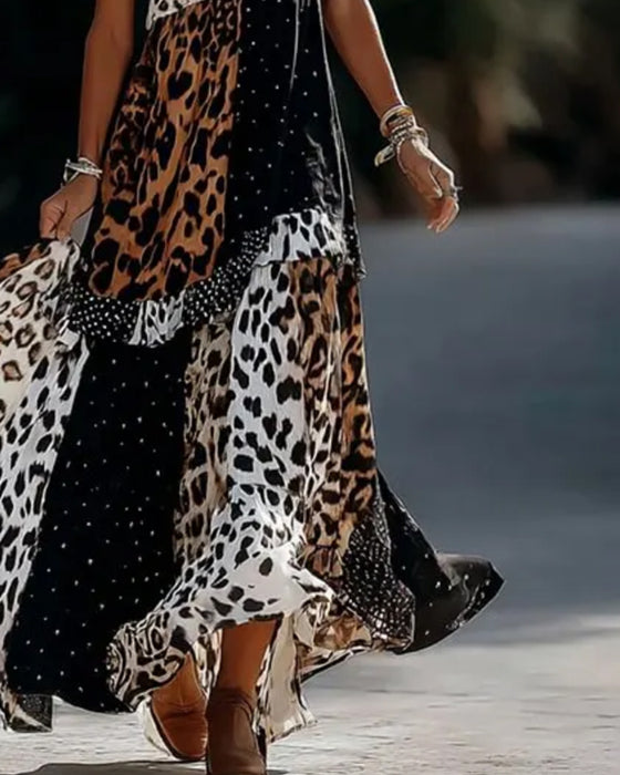Kjole V-Hals Leopard Prikket Ruffle