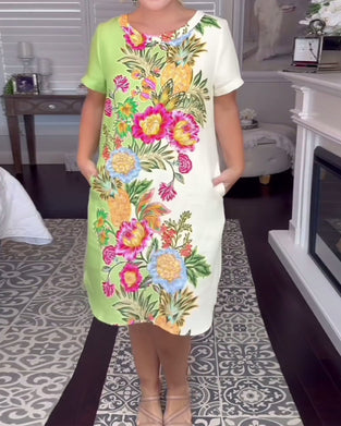 Kjole Rund Hals Kort Erm Blomst Shift