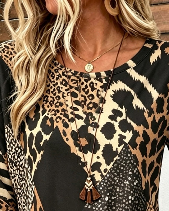 Bluse Rundhalset Knapp Leopard Rynket
