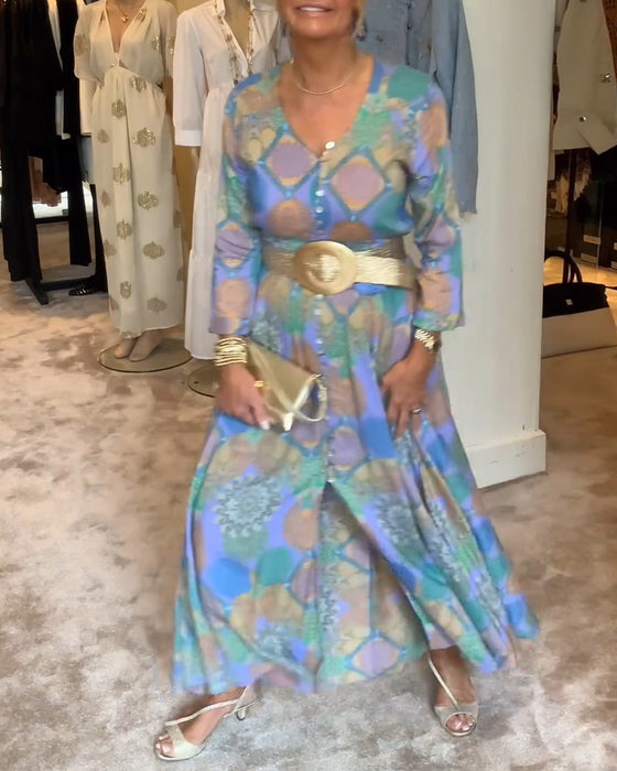 Vintage printet kjole med splitt og lange ermer