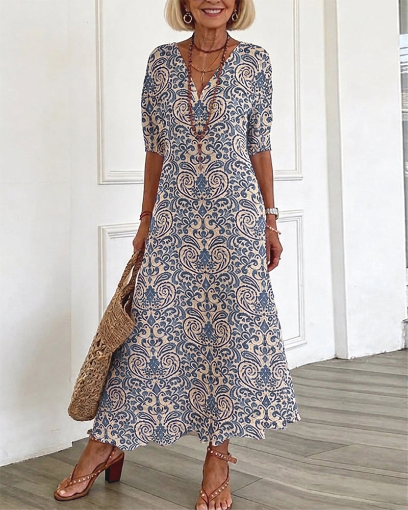 Kjole Vintage Blomstermønster V-Hals Maxi