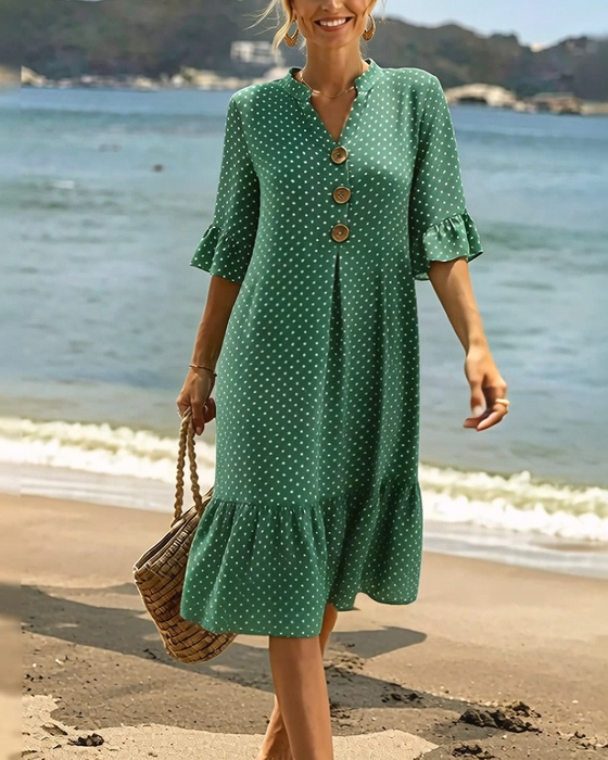 Kjole Polka Dot V-Hals Rynket Erme