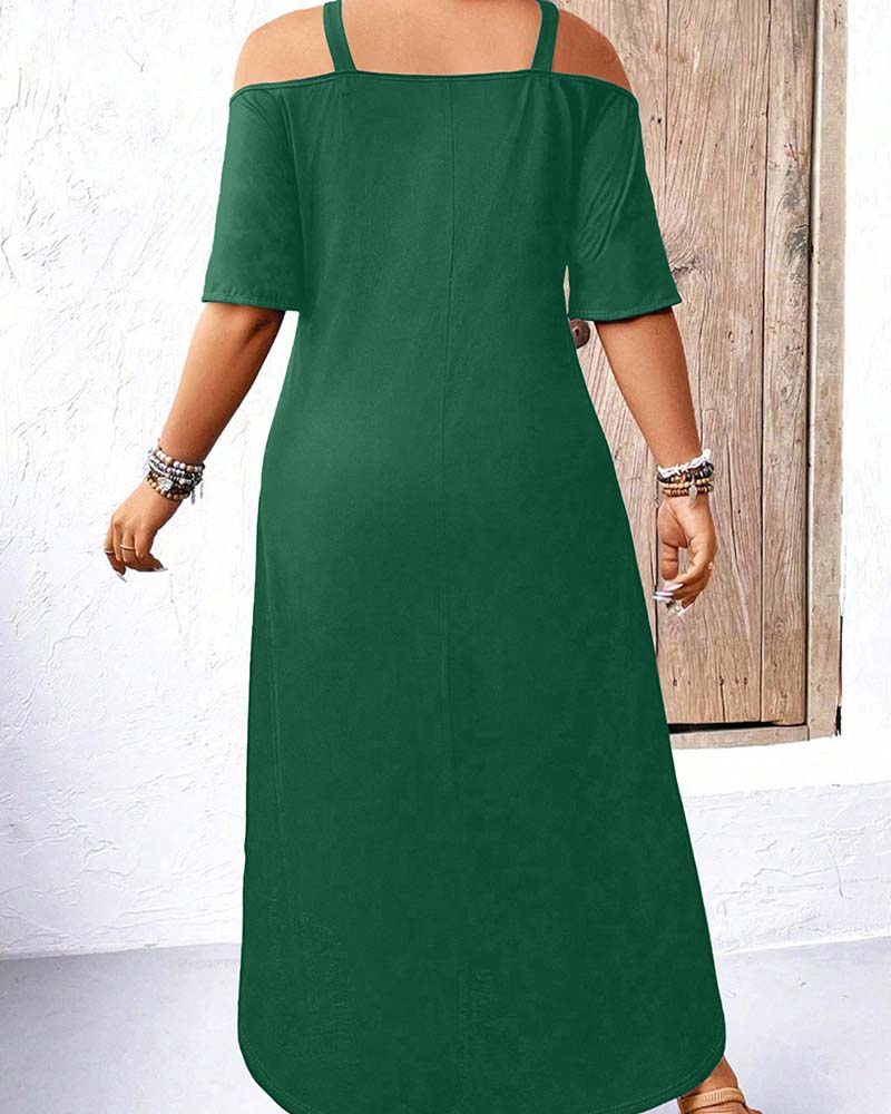 Kjole Ensfarget V-Utringning Off-Shoulder Lang