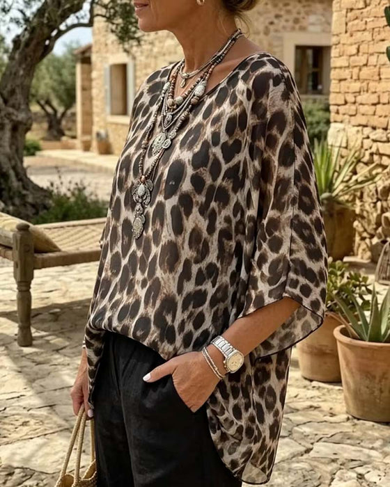 Bluse Leopard Flaggermus-Erme Løs