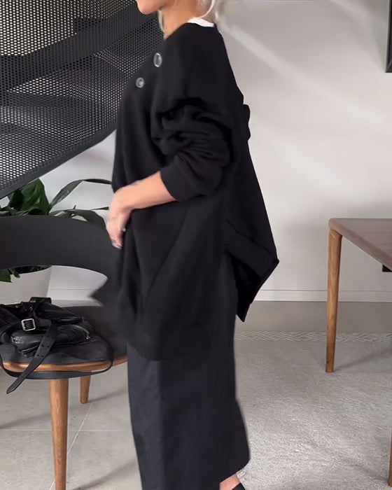 Ensfarget casual genser med rund hals og splitt