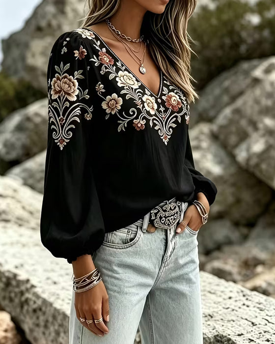 Bluse V-Hals Blomstret Casual